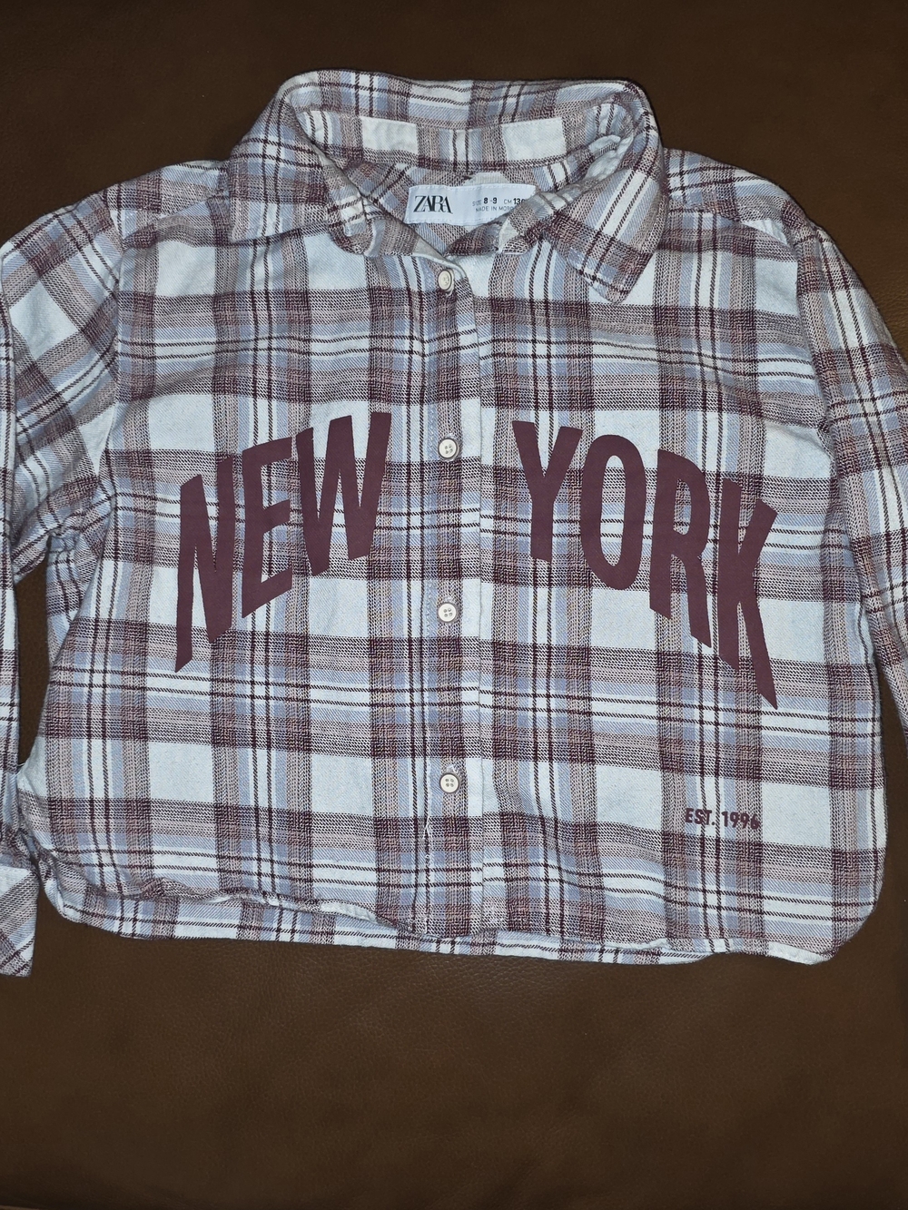 Zara Plaid Button-Down Shirt in White & Burgundy with "NEW YORK" Graphic